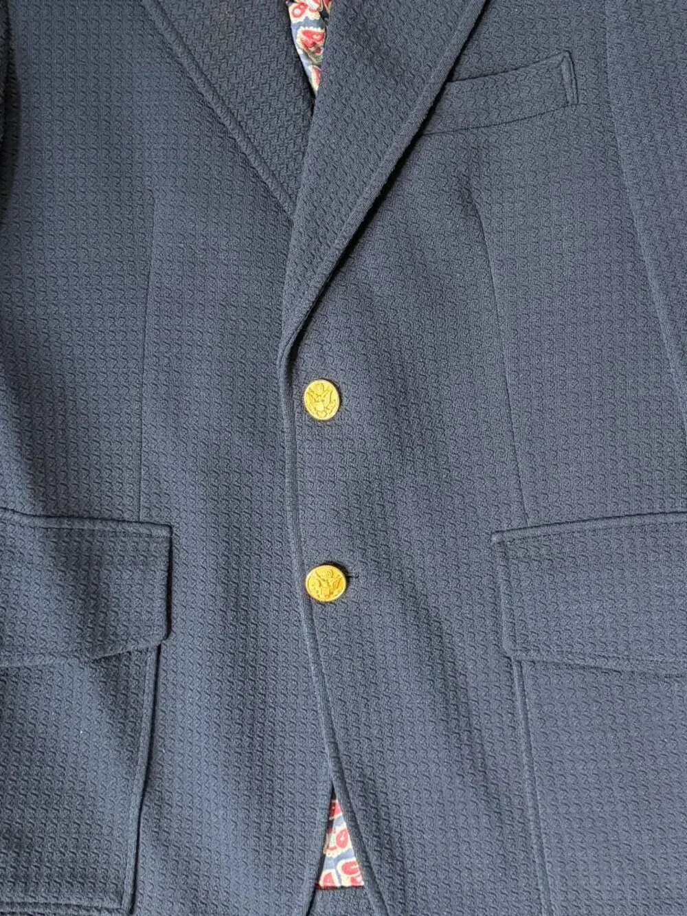 Vintage 70s Johnny Carson Blazer Navy Gold Button Paisley Lining - Sz. 38R -VGUC